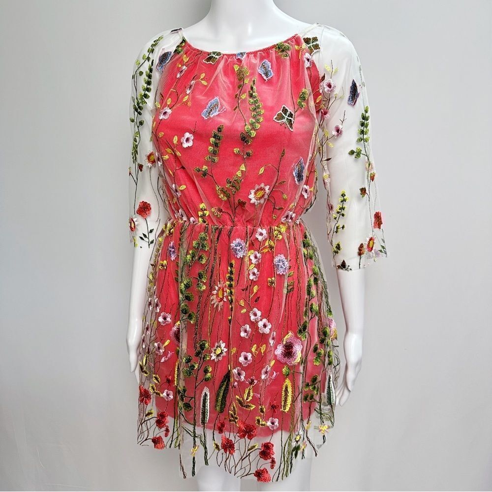 Red Embroidered Floral Dress - Layered Sheer Mesh - Size XS - Maximalism